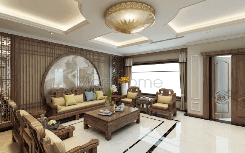 Đường vân uốn lượn sống động từ đá ốp tường cao cấp kết hợp cùng bức vách ốp tường hoa văn trang nhã góp phần tạo nên bức tranh phòng khách Á Đông tuyệt đẹp cho biệt thự Riverside Nguyễn Duy Trinh, Quận 2, Tp. Hồ Chí Minh. Thiết kế nội thất phòng khách