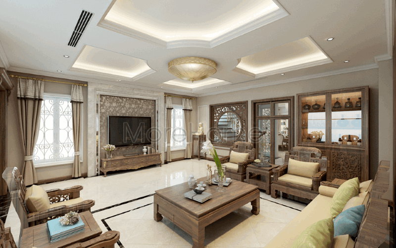 Thiết kế nội thất phòng khách phong cách Á Đông sang trọng, đẳng cấp tại biệt thự Riverside Nguyễn Duy Trinh, Quận 2, Tp. Hồ Chí Minh. Thiết kế nội thất phòng khách