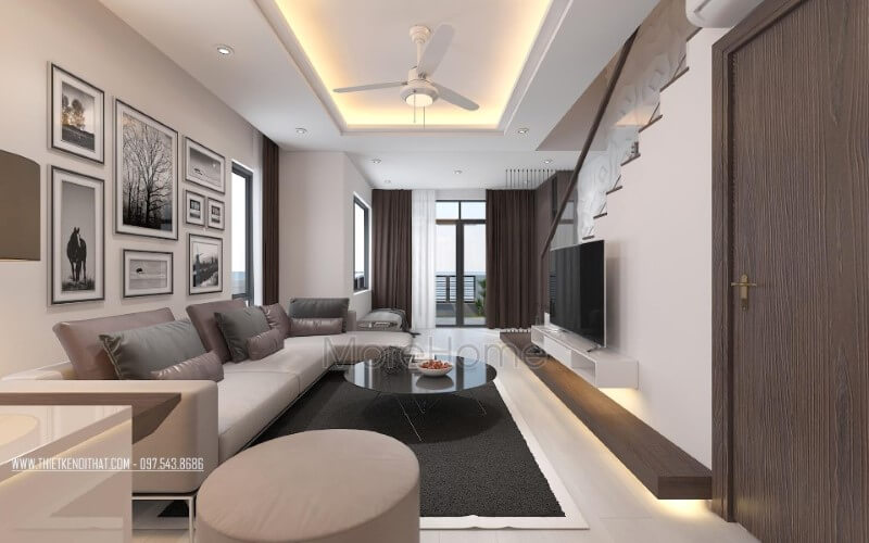 Sofa góc L bọc da cao cấp tạo điểm nhấn sang trọng cho phòng khách hiện đại. Thiết kế nội thất phòng khách