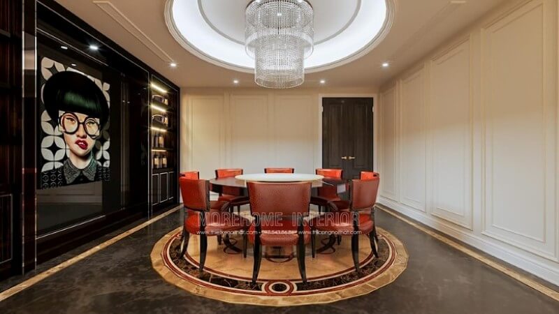 Trang trí nội thất phòng rượu đẹp với mẫu bàn ăn tròn 8 ghế bọc da màu cam đỏ cao cấp Lựa chọn bàn ăn hiện đại, sang trọng cho phòng bếp ăn