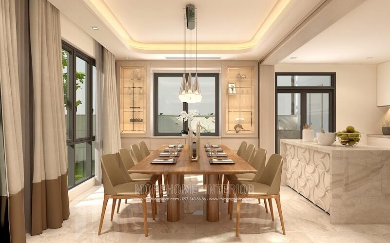 Ấn tượng với bộ bàn ăn gỗ màu vàng cao cấp với những đường vân tinh tế, đường nét đơn giản cuốn hút tạo điểm nhấn nổi bật cho căn phòng Lựa chọn bàn ăn hiện đại, sang trọng cho phòng bếp ăn