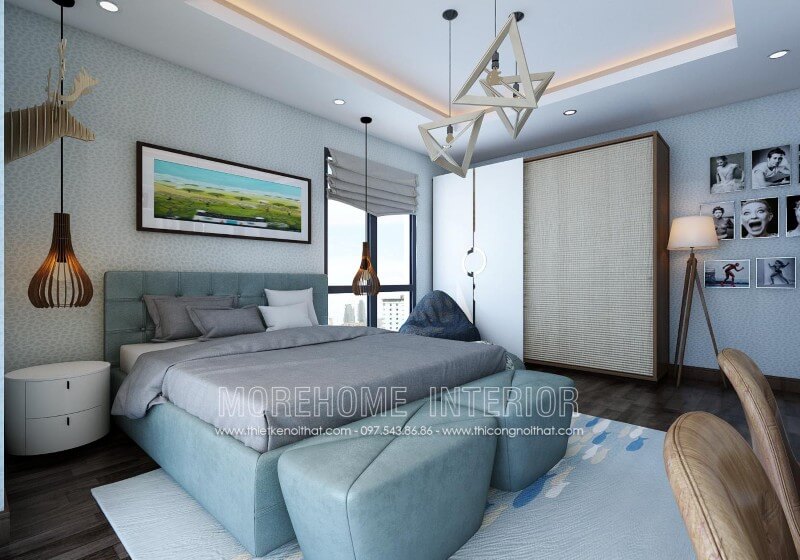 Mẫu giường ngủ bọc da hiện đại với tông màu xanh tươi sáng, trẻ trung