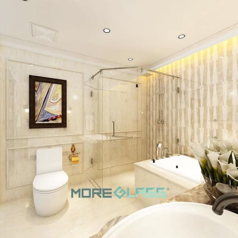 Thiết kế và thi công vách kính phòng tắm đứng 135 độ MG-001 hiện đại. Mẫu vách kính phòng tắm đứng đẹp