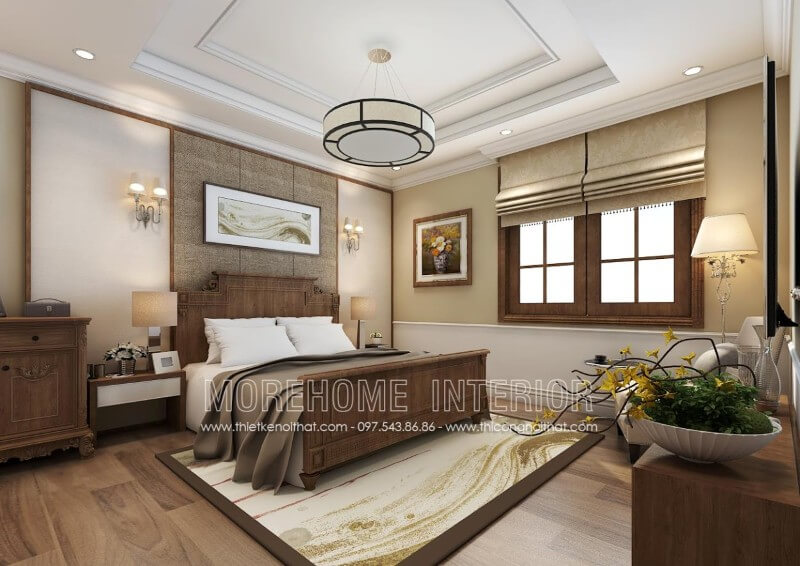 Sản phẩm giường ngủ gỗ óc chó tân cổ điển truyền thống đẹp tinh tế do Morehome thiết kế và sản xuất thiết kế nội thất gỗ óc chó