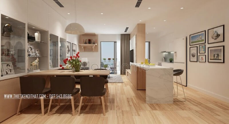 Mẫu bàn ăn khá đơn giản với thiết kế không cầu kỳ họa tiết, tone màu nâu đậm kết hợp gỗ tự nhiên giúp không gian trở nên mở, tạo sự đồng nhất cho không gian nhà chung cư Bàn ăn chung cư đơn giản, hiện đại