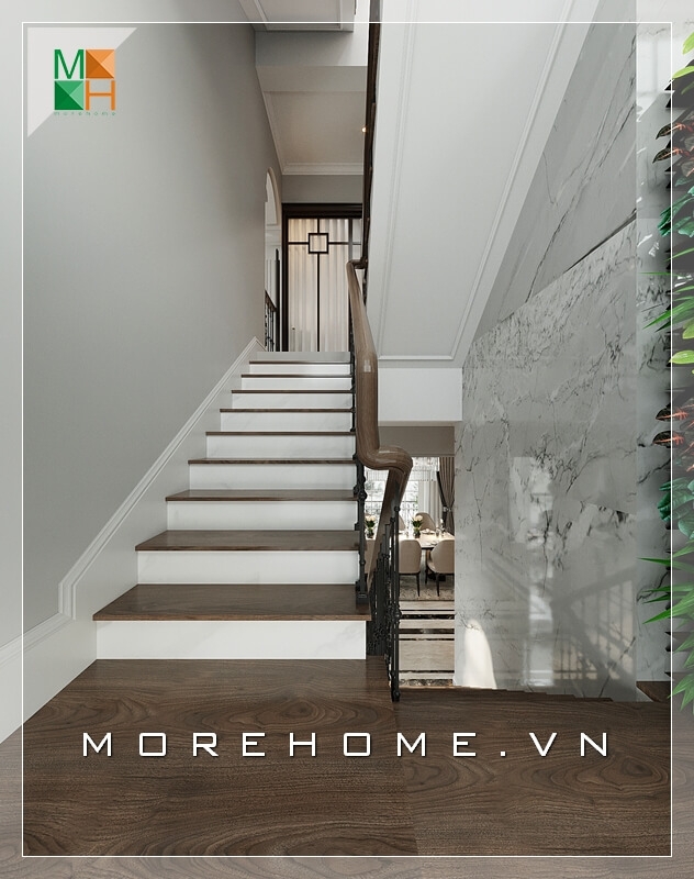 Cầu thang gỗ tự nhiên kết hợp mặt bậc bằng gỗ mang đến cho gia chủ một không gian sống đầy tiện nghi và thoải mái Cầu thang gỗ phên sắt, song sắt