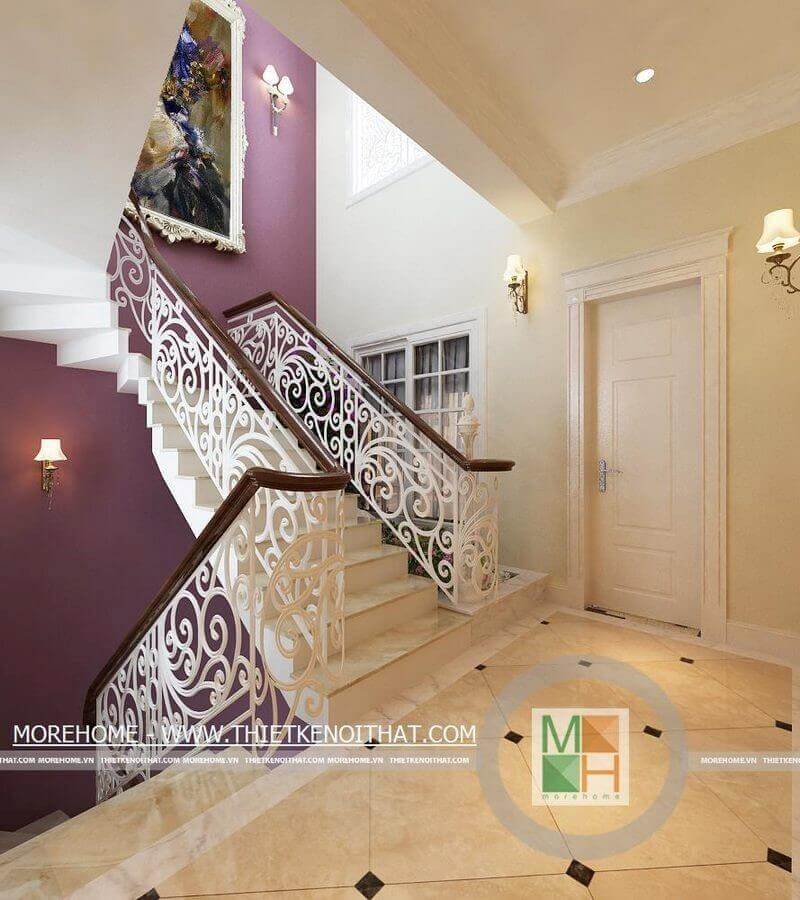 Mẫu cầu thang tay vịn gỗ đẹp cho nhà biệt thự Cầu thang gỗ phên sắt, song sắt