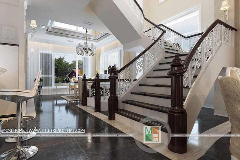 Thiết kế cầu thang tay vịn gỗ tự nhiên cho nhà biệt thự Cầu thang gỗ phên sắt, song sắt