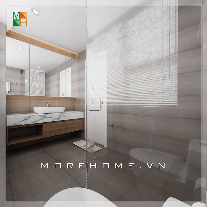 Gương soi cao cấp rộng bao quanh không gian nhà tắm giúp tạo ra cảm giác thoải mái và giảm cảm giác chật hẹp.