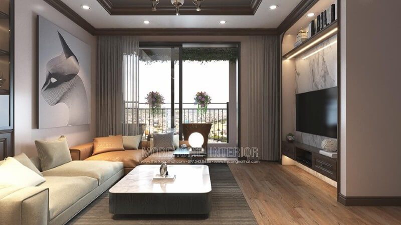 Kệ ti vi chung cư có phong cách hiện đại được treo tường.