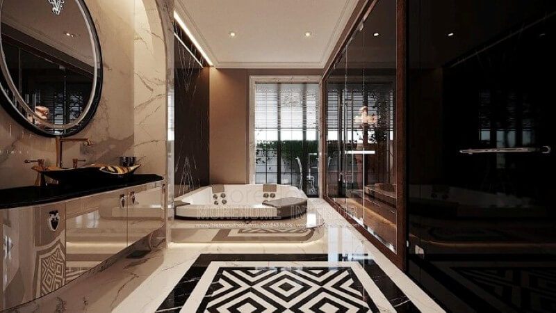 Sự kết hợp giữa đá ốp tường và sàn đẹp mang lại vẻ đẹp tinh tế cho phòng tắm cao cấp.