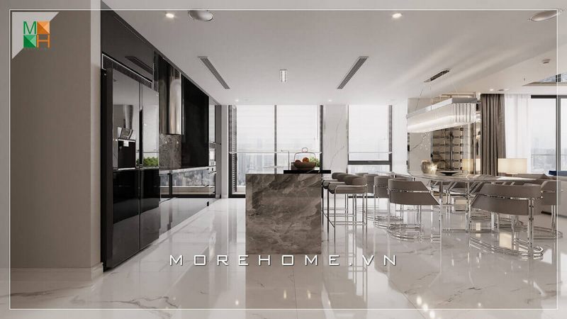 .
Phòng ăn của biệt thự được thiết kế theo phong cách hiện đại với bộ bàn ăn độc đáo, bàn đảo bếp và sàn được ốp đá nhân tạo, tạo nên không gian sử dụng bữa ăn sang trọng.