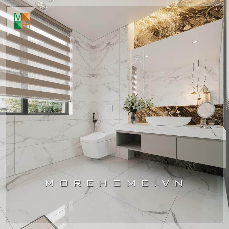 Gương chữ nhật lớn được chia thành 3 phần, giữ nguyên đơn giản nhưng vẫn làm tăng độ sang trọng và cao cấp của không gian phòng tắm.