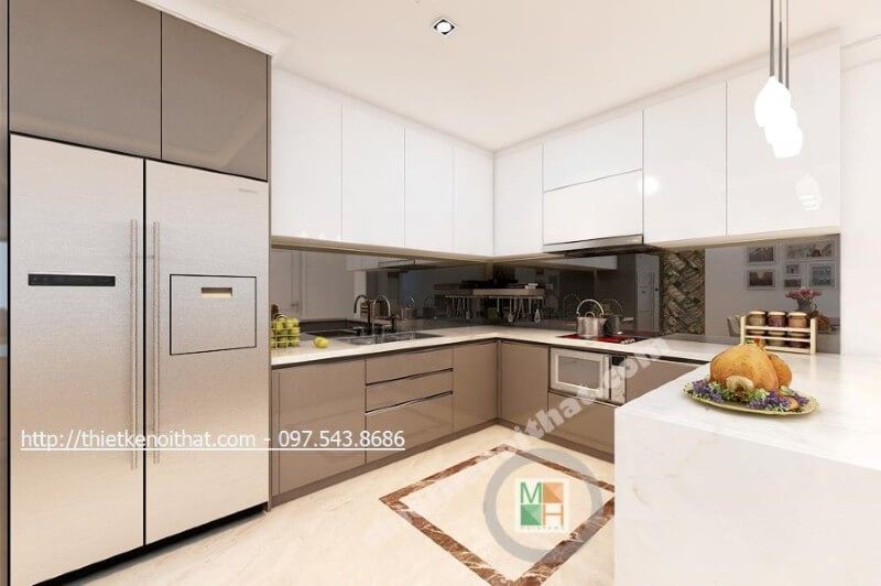 .
Mẫu thiết kế nội thất này đã chọn màu sắc cho kính ốp bếp tối để đảm bảo sự sạch sẽ, không bị bắt bụi và tránh dính bẩn trong quá trình đun nấu.