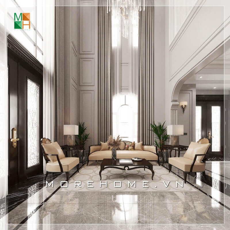 Ngắm nhìn một bức tranh thiết kế phòng khách tân cổ điển sang trọng để trang trí các loại nhà như biệt thự, nhà phố, chung cư cao cấp và căn hộ penthouse.