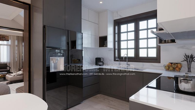 với nhau Thiết kế nội thất phòng bếp theo phong cách hiện đại bằng cách sử dụng các tông màu đối xứng với nhau.