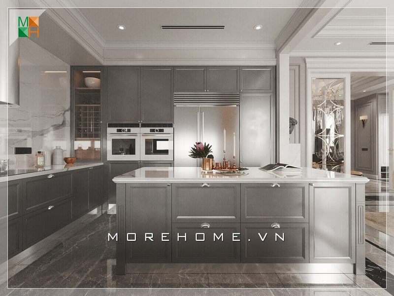 Mẫu tủ gỗ có thiết kế âm tường và đảo bếp tiện nghi, được trang bị đầy đủ nội thất, sẽ giúp căn phòng bếp trở nên sang trọng và cao cấp hơn.